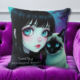Anime Girl and Siamese Cat Quote Throw Pillow