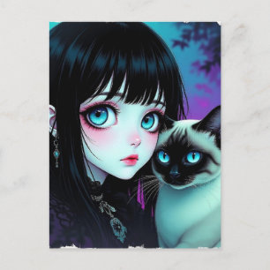 Anime Girl and Siamese Cat Saying Hi Postcard