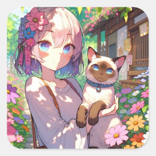 Anime Girl and Siamese Cat  Square Sticker