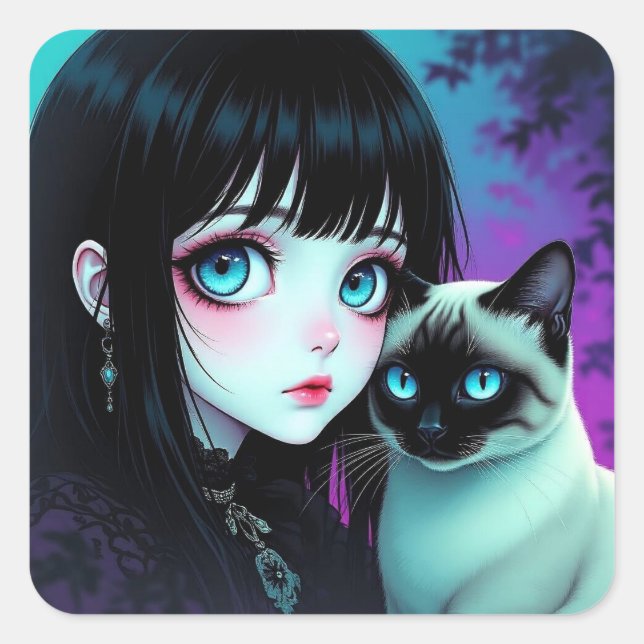  Anime Girl and Siamese Cat  Square Sticker (Front)