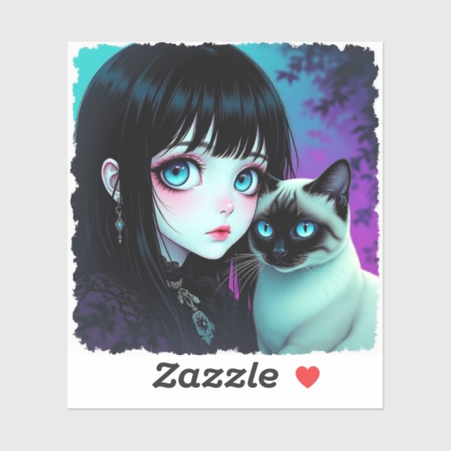  Anime Girl and Siamese Cat  Sticker (Sheet)