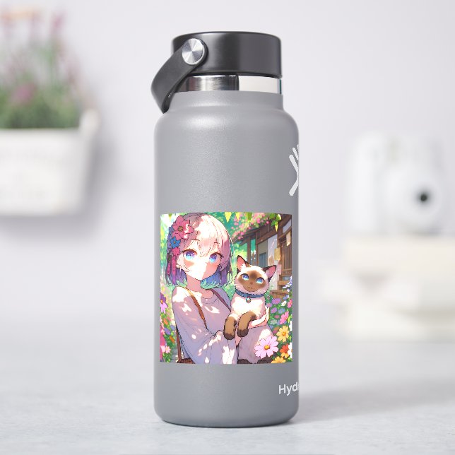 Anime Girl and Siamese Cat  Sticker (HydroFlask)