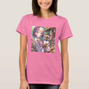 Anime Girl and Siamese Cat T-Shirt