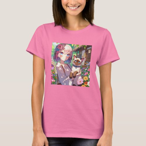 Anime Girl and Siamese Cat  T_Shirt