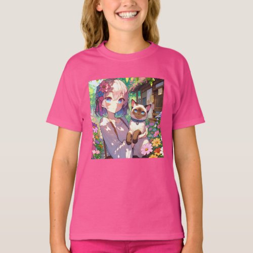 Anime Girl and Siamese Cat  T_Shirt