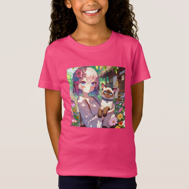 Anime Girl and Siamese Cat  T-Shirt (Front)
