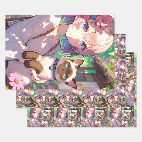 Anime Girl and Siamese Cat To and From Birthday Wrapping Paper Sheets