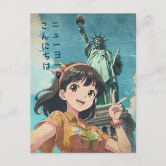 Anime Girl and Statue of Liberty, New York - Retro Holiday Postcard