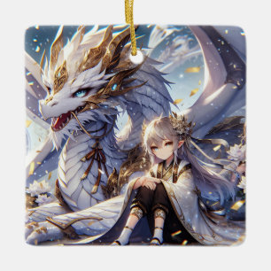 Anime Girl and White and Gold Dragon Ceramic Ornament