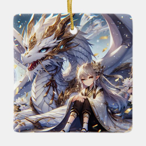 Anime Girl and White and Gold Dragon  Ceramic Ornament