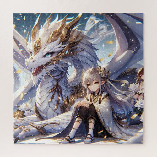 Anime Girl and White and Gold Dragon  Jigsaw Puzzle