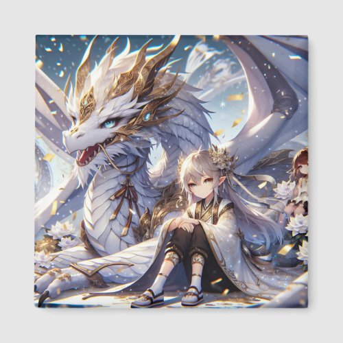 Anime Girl and White and Gold Dragon  Magnet