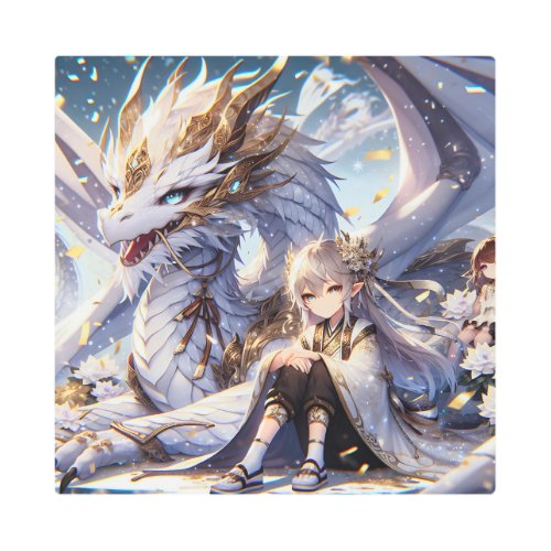 Anime Girl and White and Gold Dragon  Metal Print