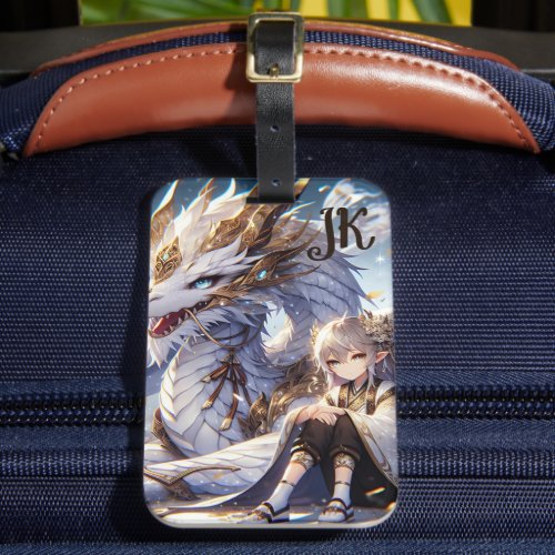 Anime Girl and White and Gold Dragon Monogrammed Luggage Tag