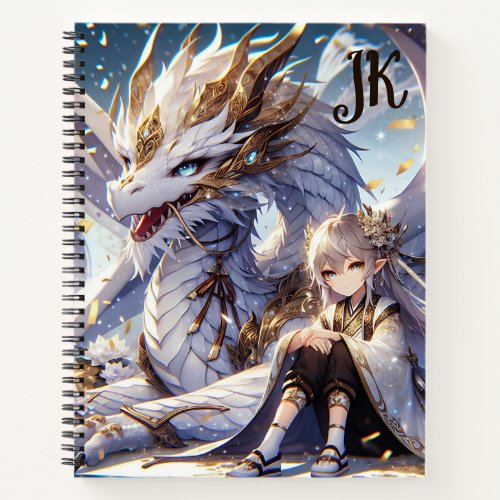 Anime Girl and White and Gold Dragon Monogrammed Notebook