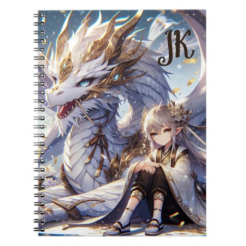 Anime Girl and White and Gold Dragon Monogrammed Notebook