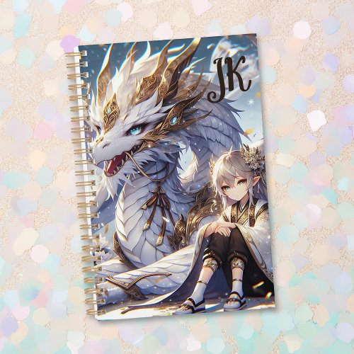 Anime Girl and White and Gold Dragon Monogrammed Planner