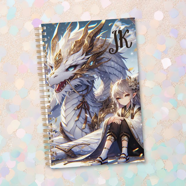 Anime Girl and White and Gold Dragon Monogrammed Planner (Creator Uploaded)