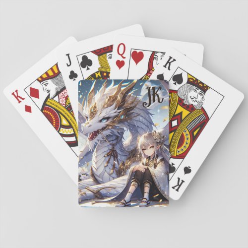 Anime Girl and White and Gold Dragon Monogrammed Poker Cards