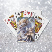 Anime Girl and White and Gold Dragon Monogrammed Poker Cards