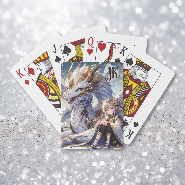 Anime Girl and White and Gold Dragon Monogrammed Poker Cards (Creator Uploaded)