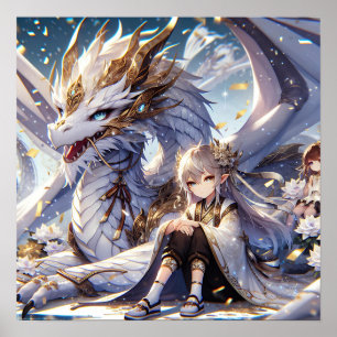 Anime Girl and White and Gold Dragon Poster