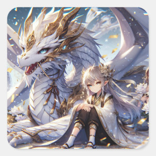Anime Girl and White and Gold Dragon Square Sticker