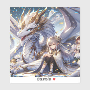 Anime Girl and White and Gold Dragon Sticker