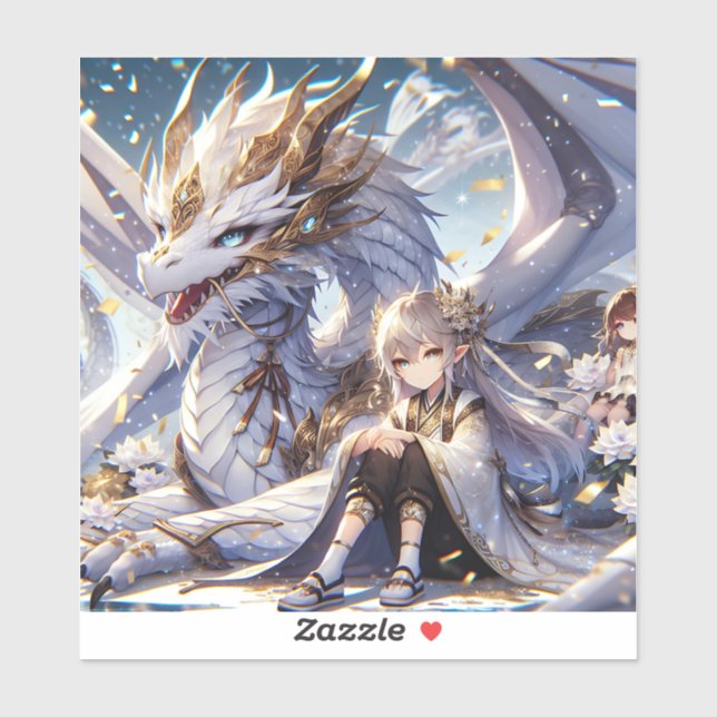 Anime Girl and White and Gold Dragon  Sticker (Sheet)