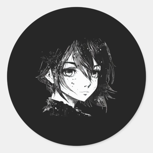 Anime Girl Anime Eyes Ink Art Sketch Drawing for G Classic Round Sticker (Front)
