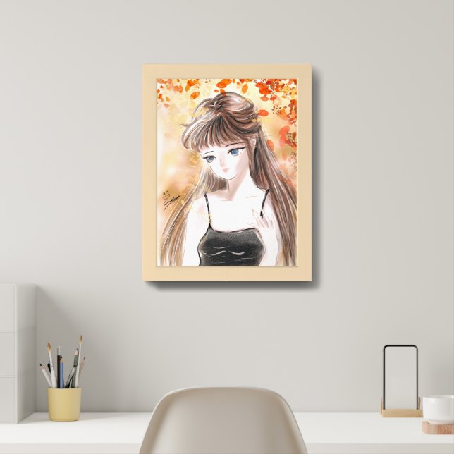 Anime Girl Autumn Fall Romance Wall Art Print (Home Office)
