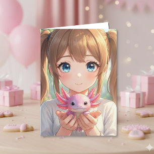 Anime Girl' Axolotl Birthday with Coloring Page   Card