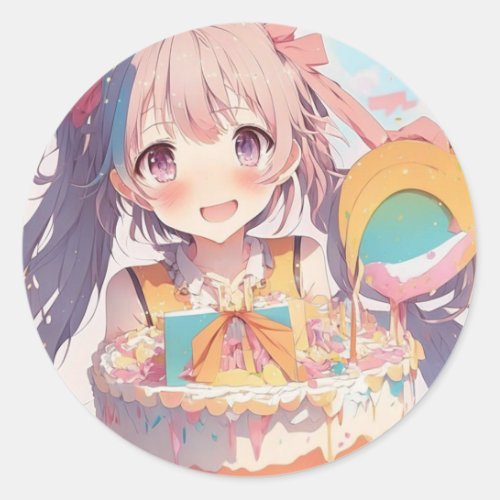 Anime Girl Birthday Cake Classic Round Sticker