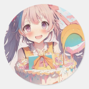 Anime Girl Birthday Cake Classic Round Sticker