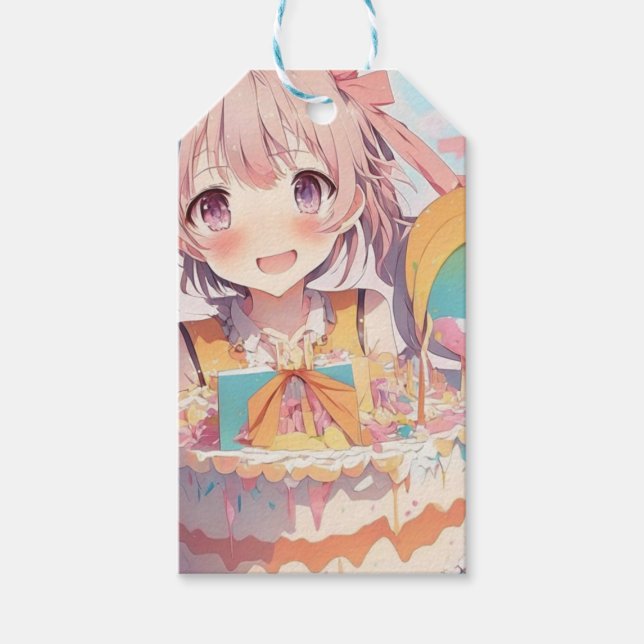 Anime Girl Birthday Cake Gift Tags (Front)