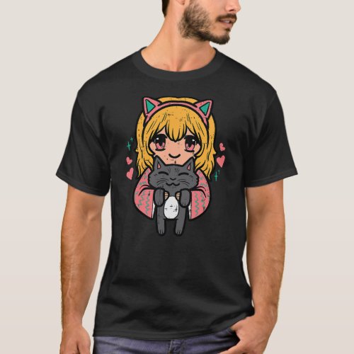 Anime Girl Black Cat Kawaii Japanese Otaku Girls W T-Shirt