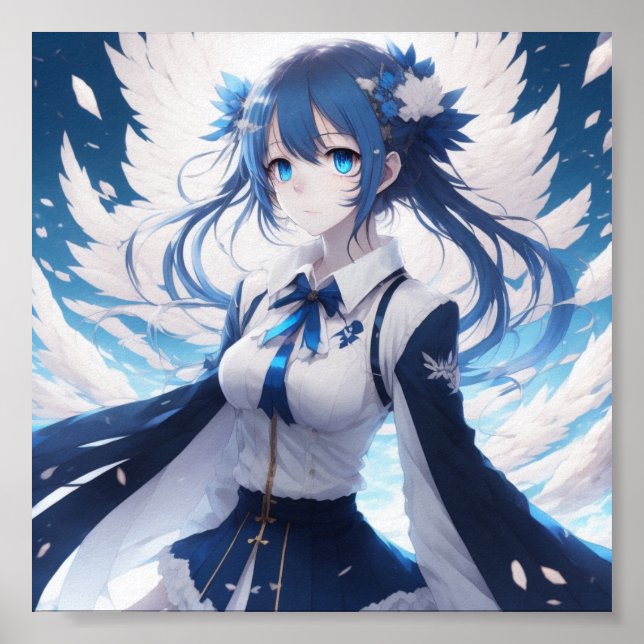 Anime girl blue and white artwork Poster  (Front)