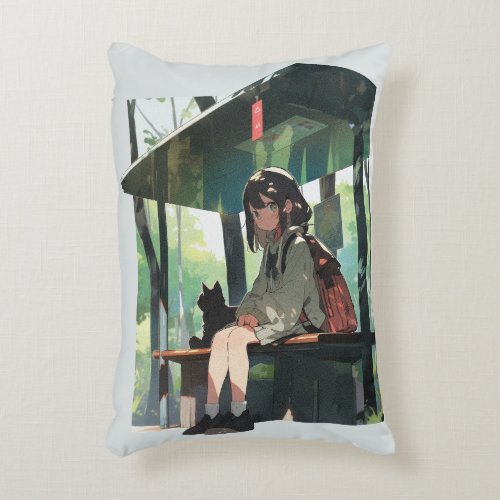 Anime girl bus stop design accent pillow