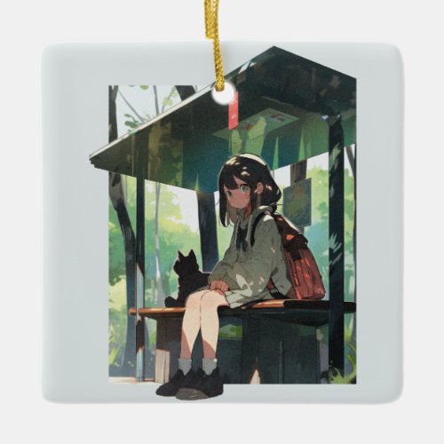Anime girl bus stop design ceramic ornament