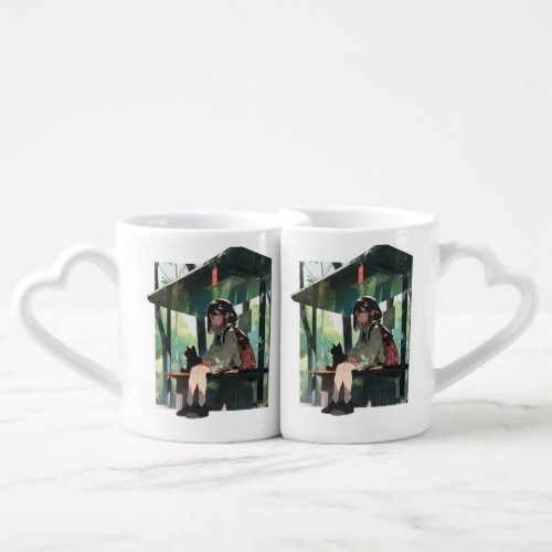 Anime girl bus stop design coffee mug set