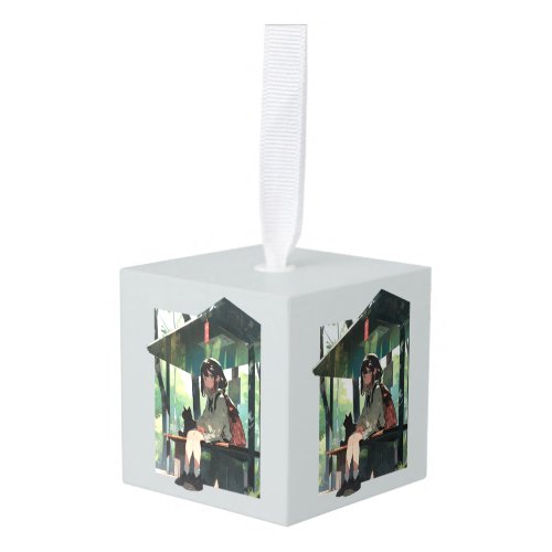 Anime girl bus stop design cube ornament
