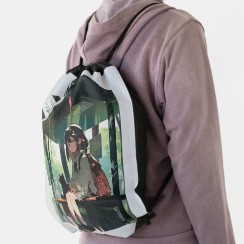 Anime girl bus stop design drawstring bag