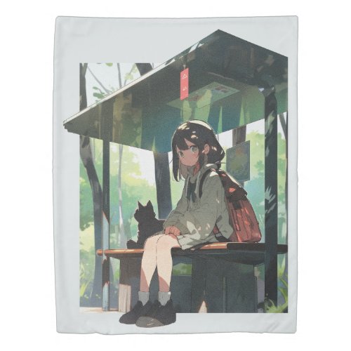 Anime girl bus stop design duvet cover