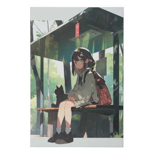 Anime girl bus stop design faux canvas print