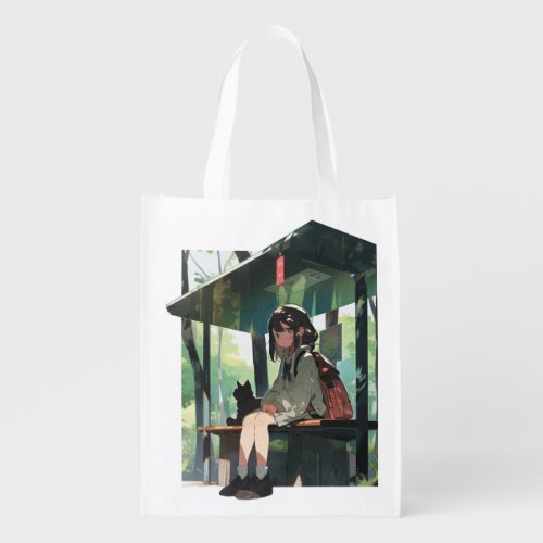 Anime girl bus stop design grocery bag