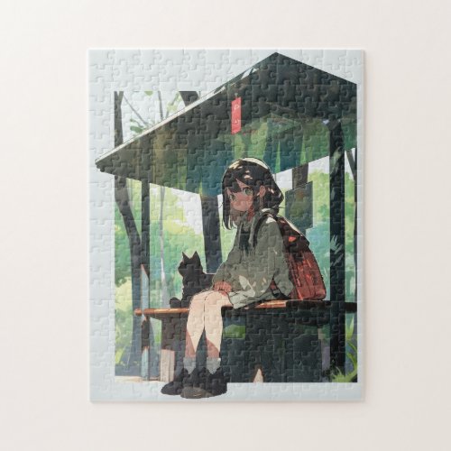 Anime girl bus stop design jigsaw puzzle