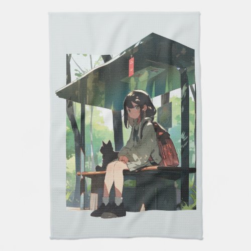 Anime girl bus stop design kitchen towel