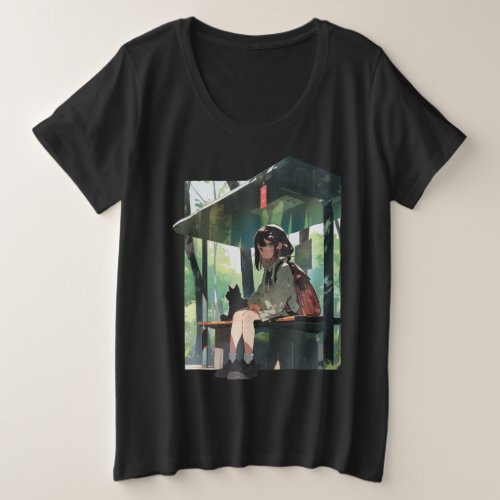 Anime girl bus stop design plus size T_Shirt