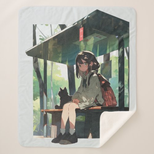 Anime girl bus stop design sherpa blanket