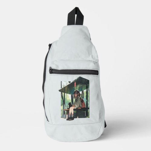 Anime girl bus stop design sling bag